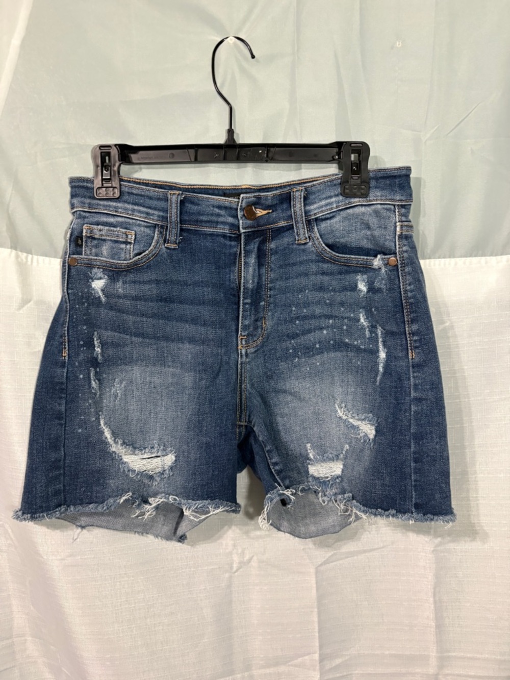 Judy Blue Distressed Frayed Hem Dark Blue Denim Shorts